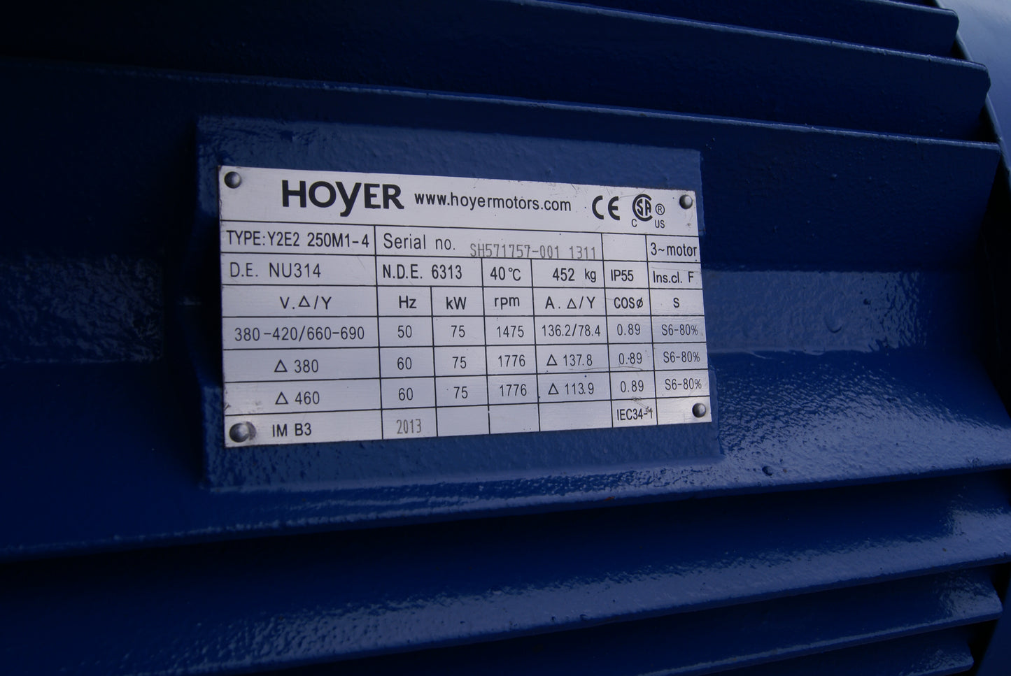 Hoyer Motors Y2E2 250M1-4 B3, 3+ HASE INDUCTION MOTOR, 75kW/100HP, 380-420/660-690V  (Request price)
