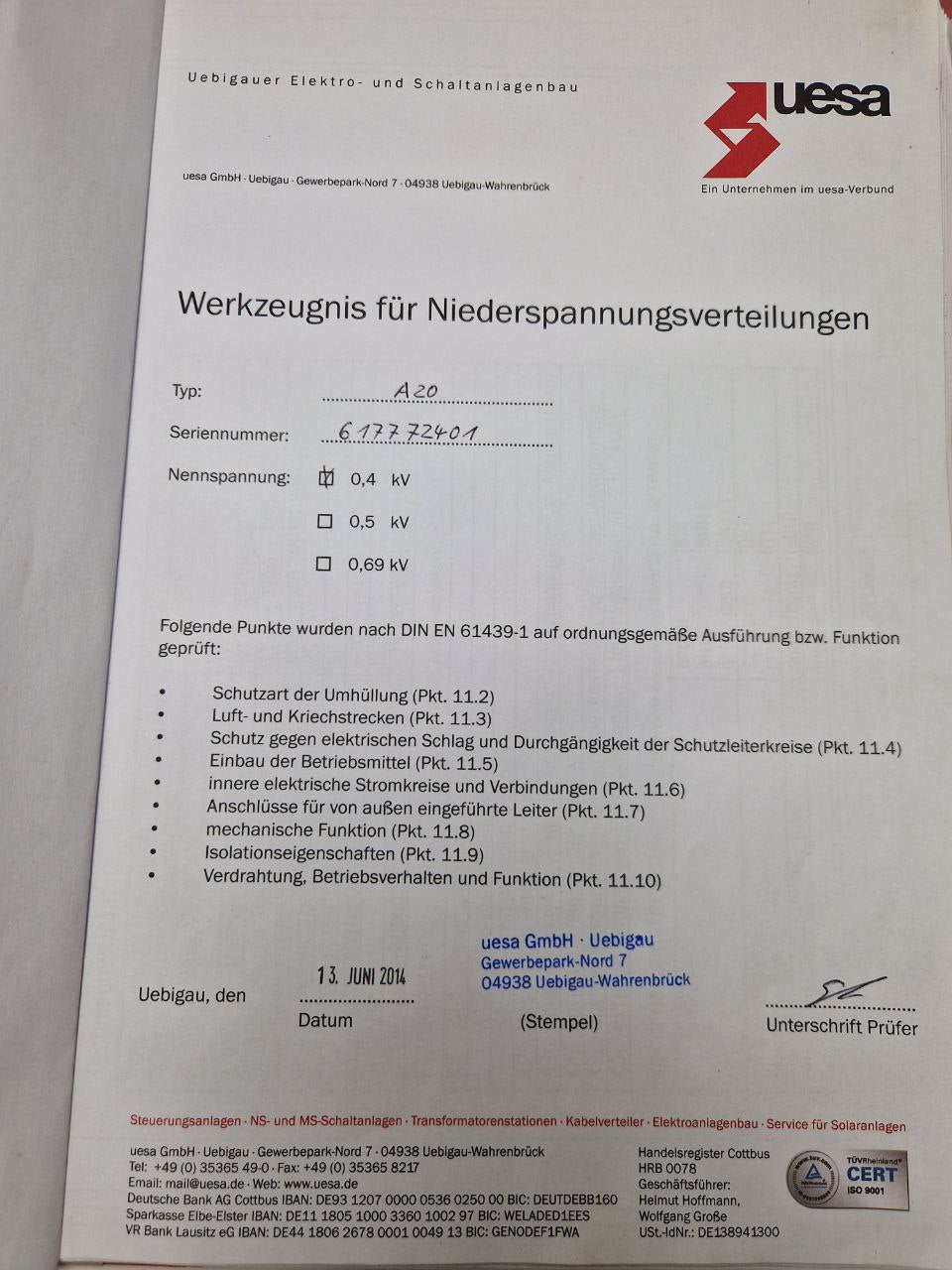 Tool kit for low-voltage distributions A20, uesa (Request price)