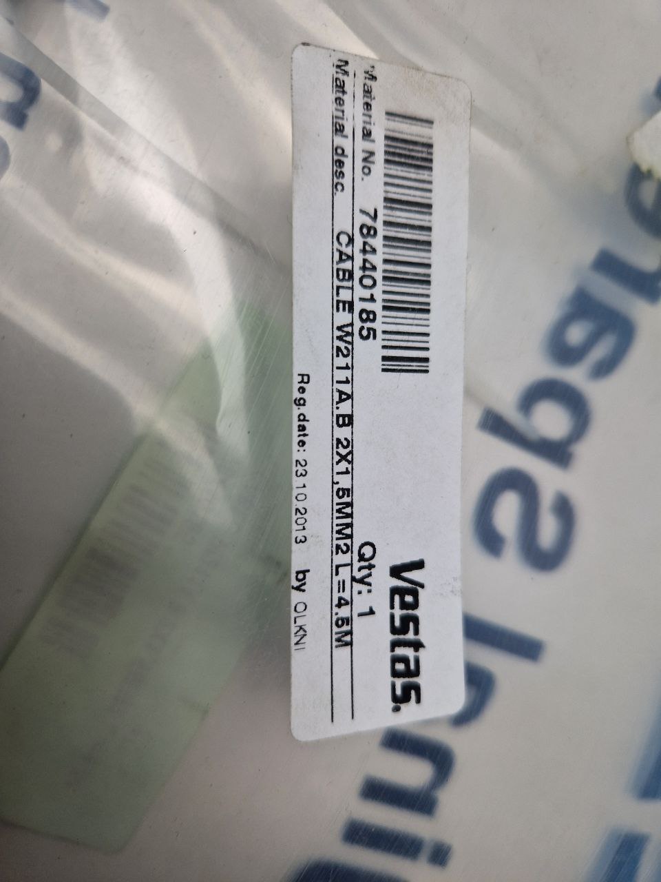 CABLE W211A.B 2X1,5MM2 L=4.5M, Item: Vestas 78440185  (Request price)