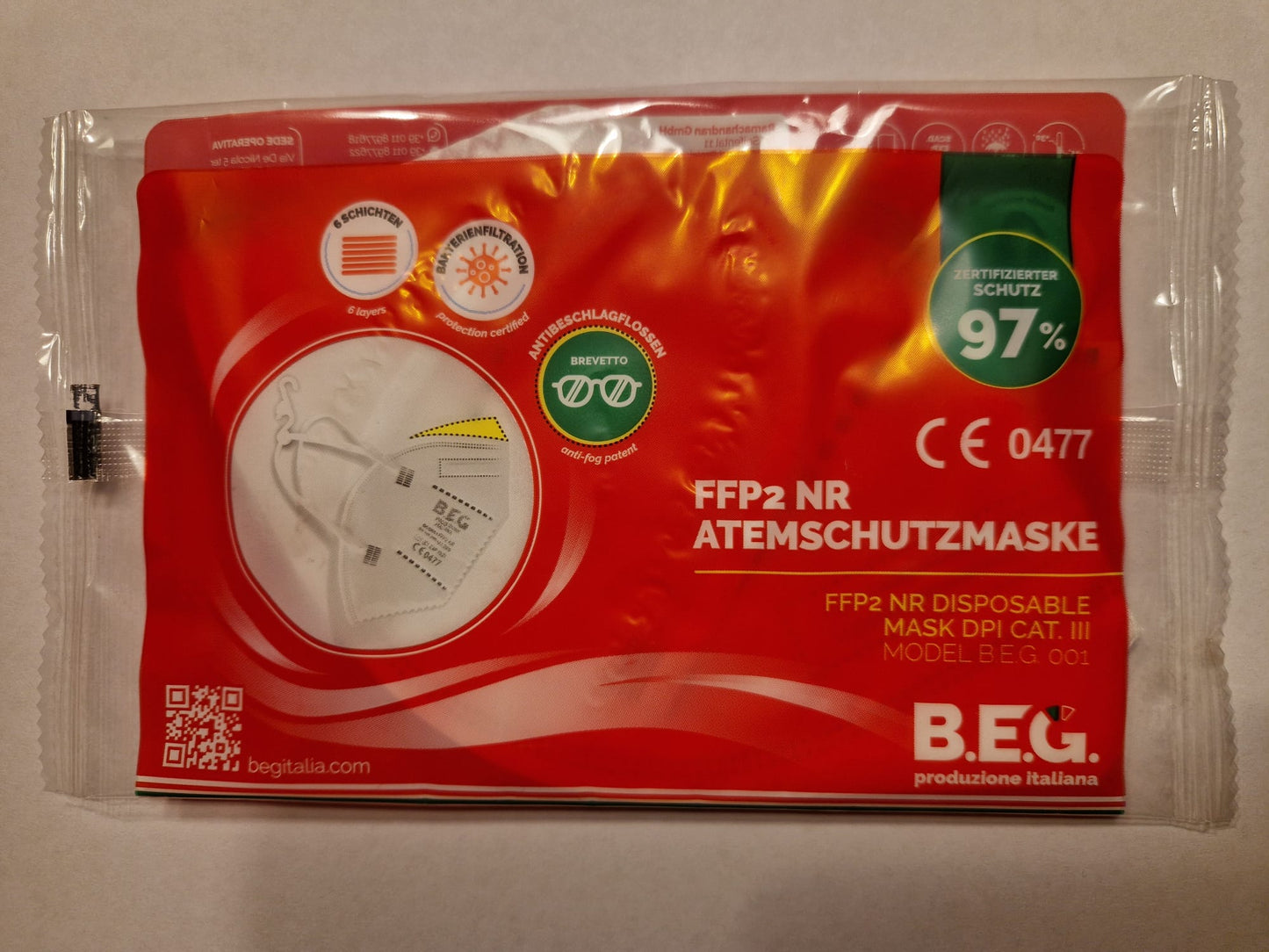 Respirator Masks FFP2 NR , Model B.E.G. 001, PPE Cat. III  (Request price)
