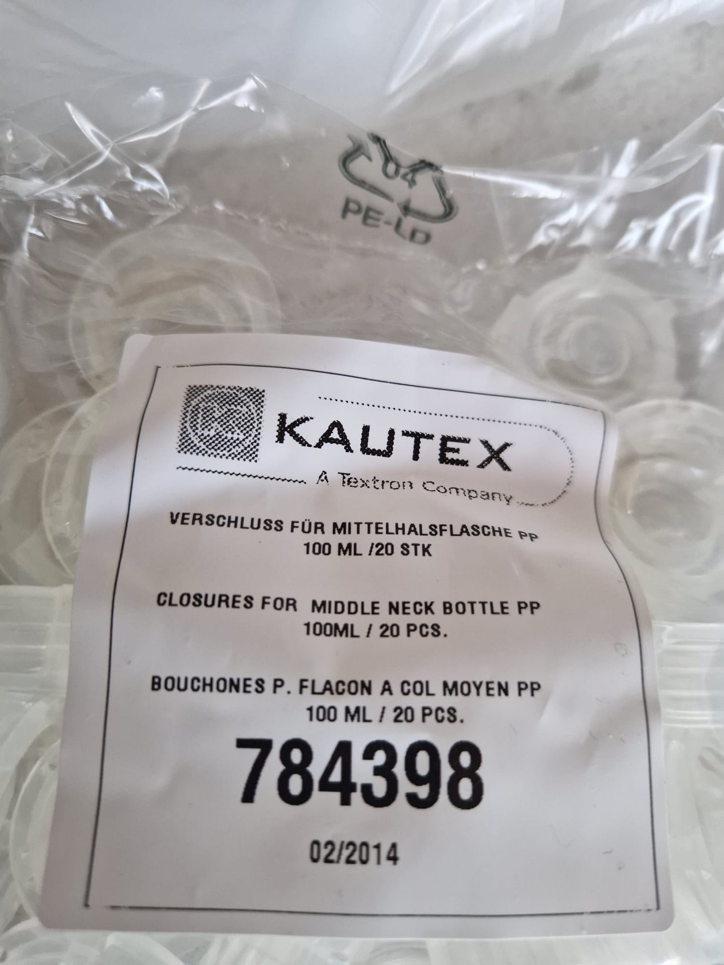 Kautex™ medium-wide neck bottle made of high-density polyethylene, with caps, 100 ml, 19 mm  (Request price)