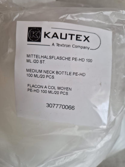 Kautex™ medium-wide neck bottle made of high-density polyethylene, with caps, 100 ml, 19 mm  (Request price)