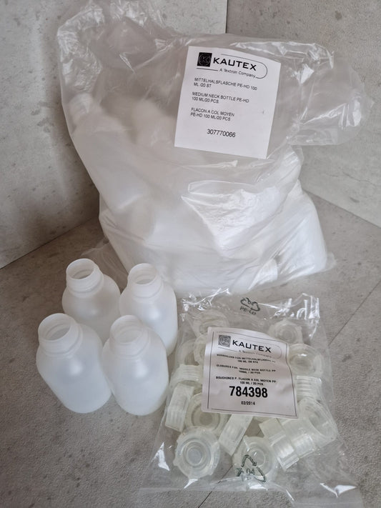 Kautex™ medium-wide neck bottle made of high-density polyethylene, with caps, 100 ml, 19 mm  (Request price)