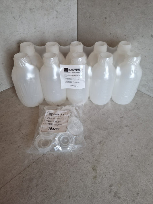 Kautex™ medium-wide neck bottle made of high-density polyethylene, with caps, 500 ml, 30.8 mm  (Request price)