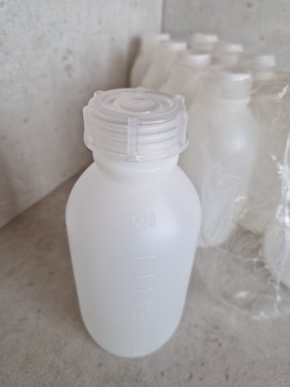 Kautex™ medium-wide neck bottle made of high-density polyethylene, with caps, 500 ml, 30.8 mm  (Request price)