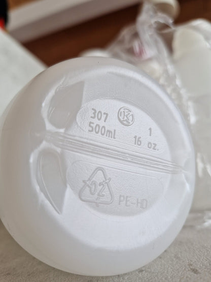 Kautex™ medium-wide neck bottle made of high-density polyethylene, with caps, 500 ml, 30.8 mm  (Request price)