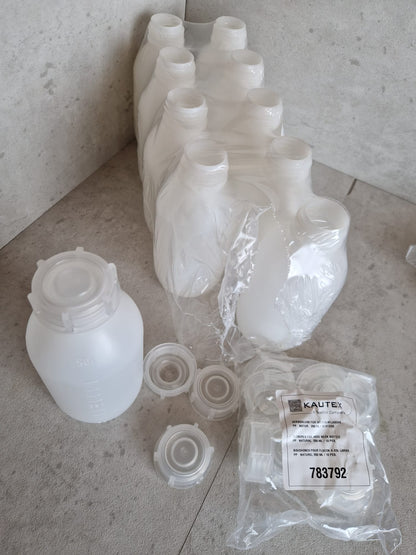 Kautex™ medium-wide neck bottle made of high-density polyethylene, with caps, 500 ml, 30.8 mm  (Request price)