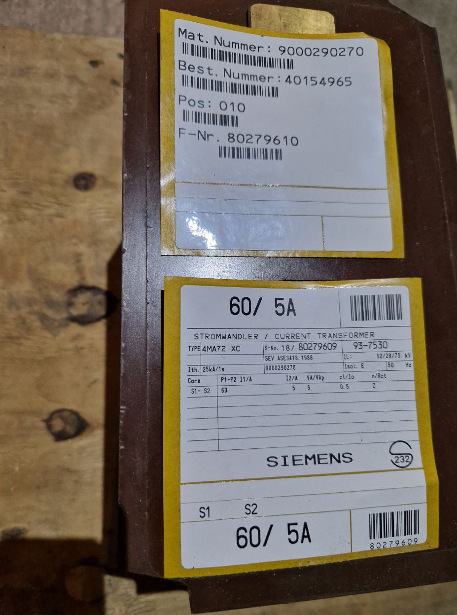 SIEMENS CURRENT TRANSFORMER  4MA72 XC  Ith. 25kA/1s 60/ 5A