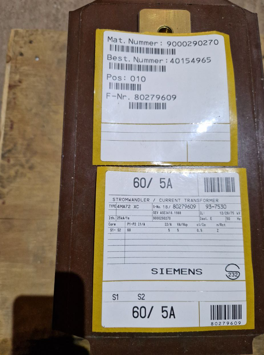 SIEMENS CURRENT TRANSFORMER  4MA72 XC  Ith. 25kA/1s 60/ 5A