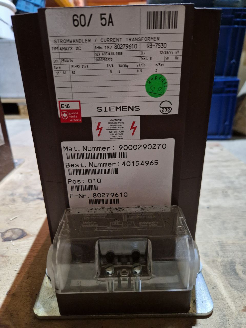 SIEMENS CURRENT TRANSFORMER  4MA72 XC  Ith. 25kA/1s 60/ 5A