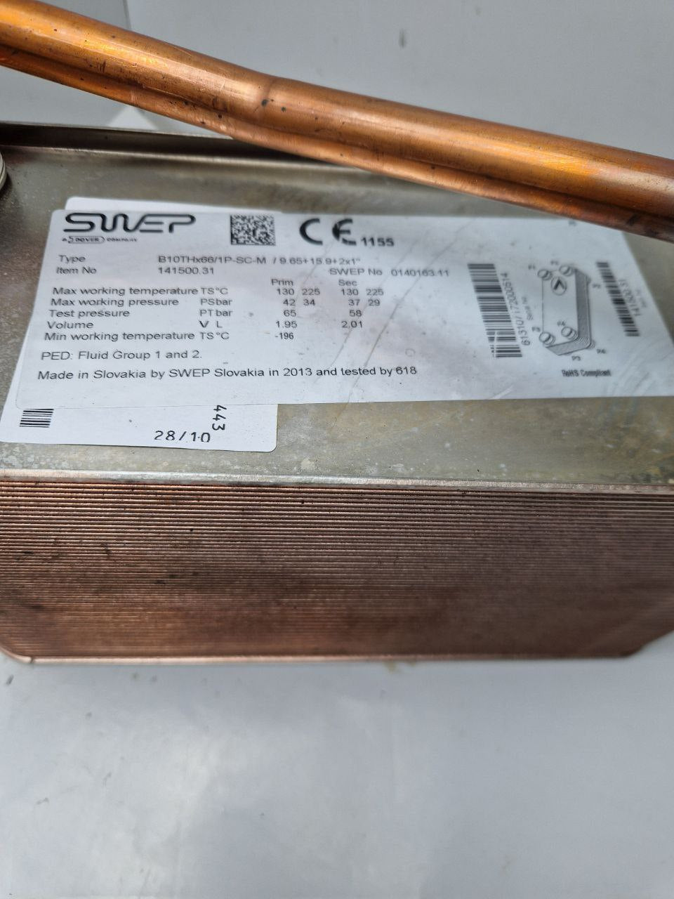 PLATE HEAT EXCHANGER 16KW VERTICAL SWEP DOVER vita, Type B10THx66/1P-SC-M/9.65+15.9+2x1"