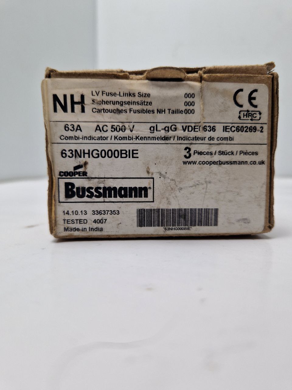 Eaton-Bussmann series – NH fuse with low voltage 63NHG000BI Modellcode: NH FUSE 63A 500V SIZE 000 GG IMGL