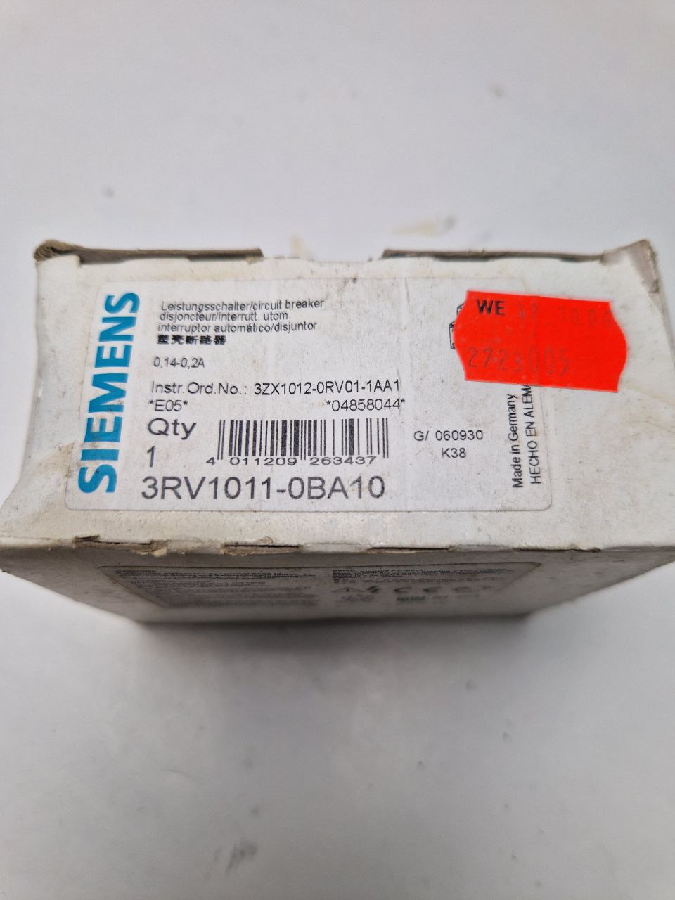 SIEMENS SIRIUS 3RV1011-0BA10, Molded case circuit breaker  0.14-0.2A  (Request price)