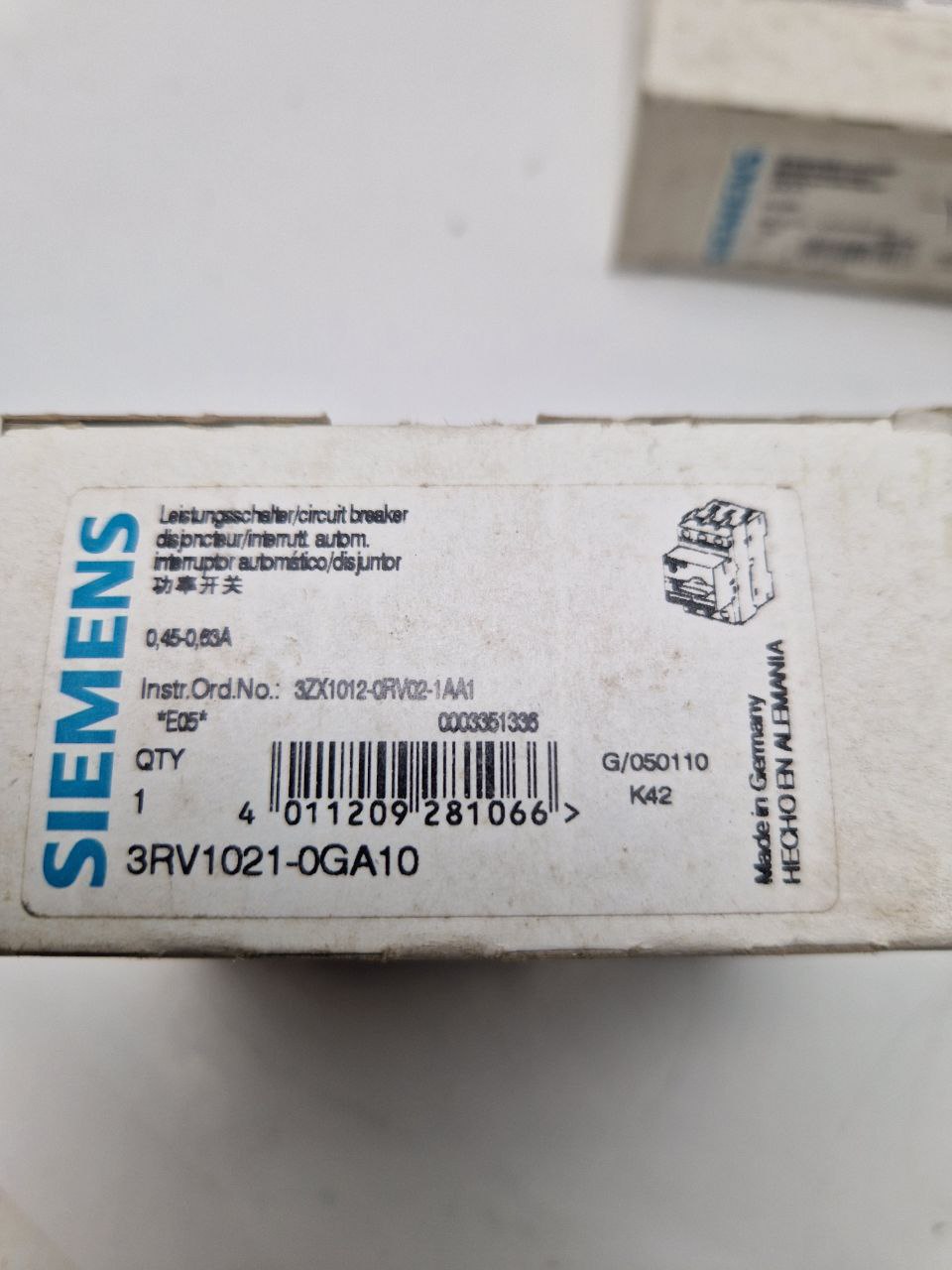 SIEMENS SIRIUS 3RV1021-0GA10, Power switch  0.45-0.63A  (Request price)