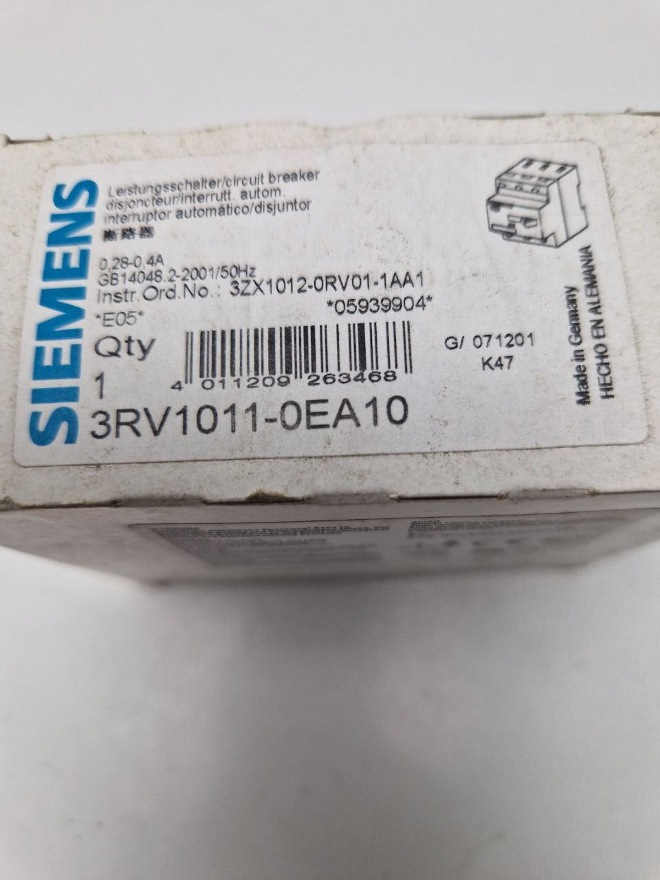 SIEMENS SIRIUS 3RV1011-0EA10, circuit breaker  0.28-0.4A, GB14048.2-2001/50Hz  (Request price)